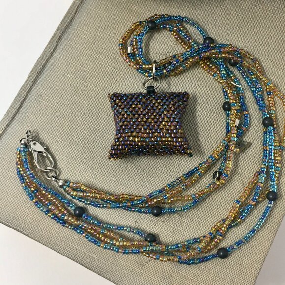Handmade Iridescent Square Seed Bead Pouch Multi-Strand Matte Hematite Necklace - Picture 5 of 16